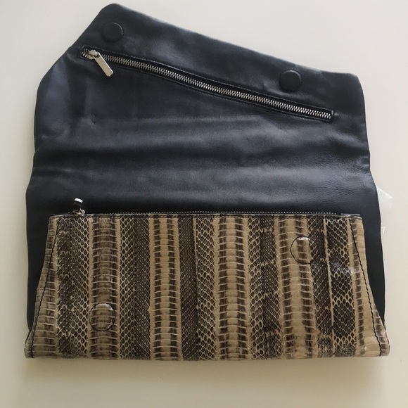 Taupe snake print embossed leather clutch. - Picture 2 of 5